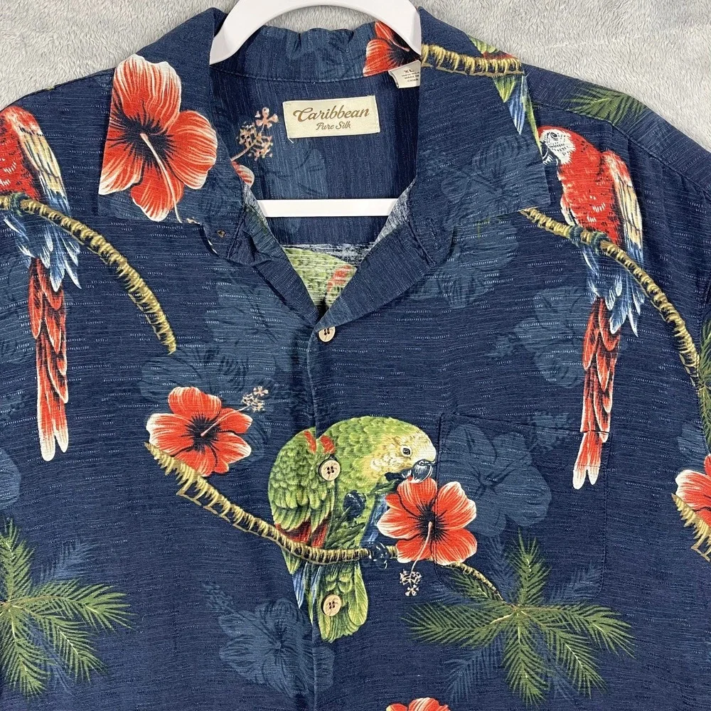 Caribbean Button Down Shirt Mens XL Blue Silk Tropical Parrot Hibiscus Camp - Picture 3 of 8